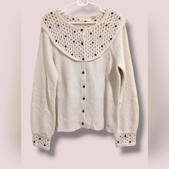 Anthropologie Cream Wool Cashmere Blend Black Pearl Sweater Cottagecore Grandma - Picture 1 of 12
